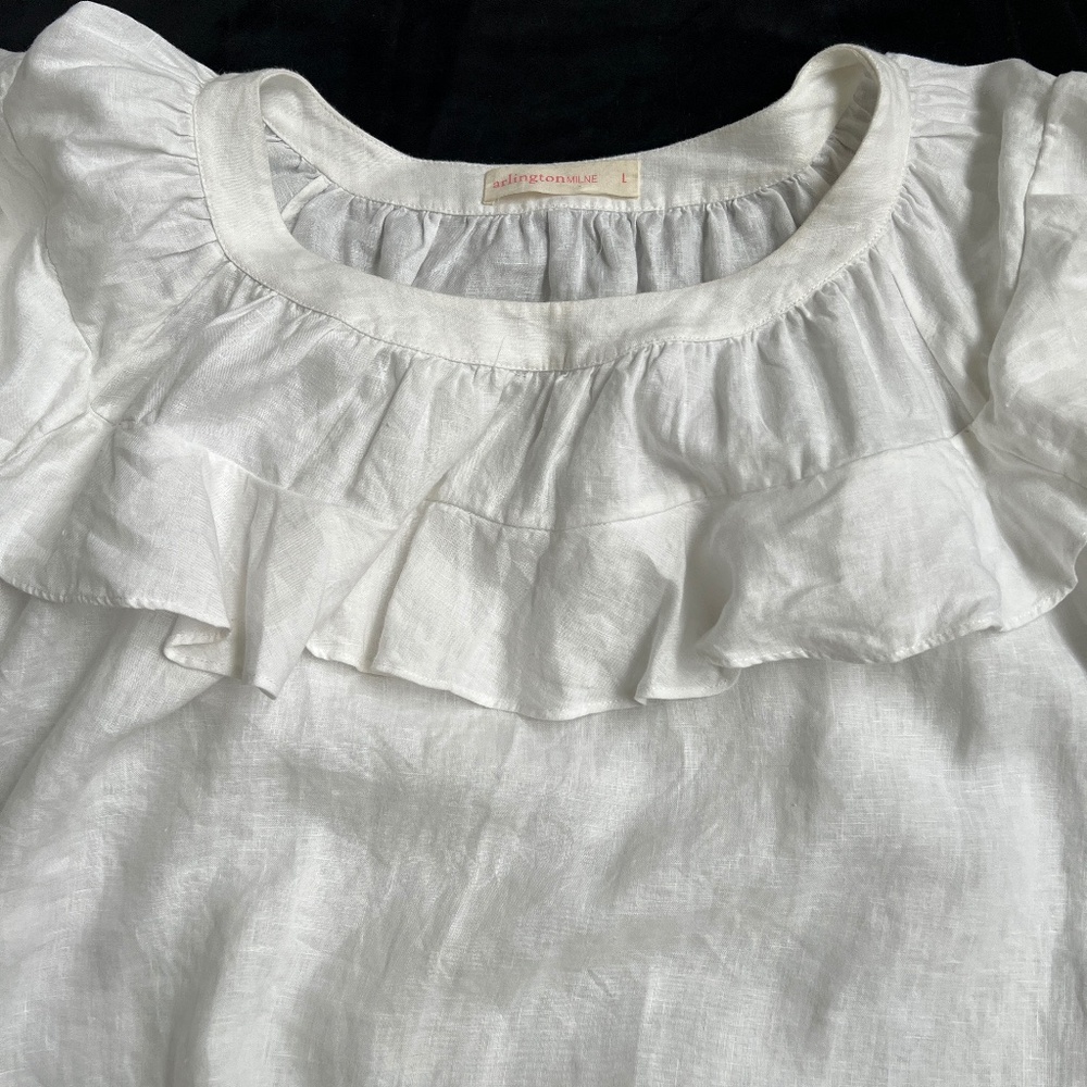 Arlington Milne Blouse L White Neck Ruffle Long Sleeve Australia Linen Blend - Picture 5 of 8